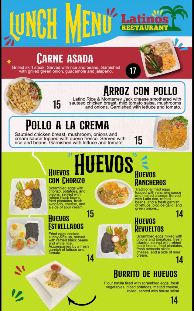 Latinos Restaurant printed menu — Lunch Plates & Huevos