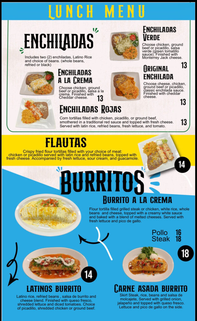 Latinos Restaurant printed menu — Enchiladas, Flautas & Burritos